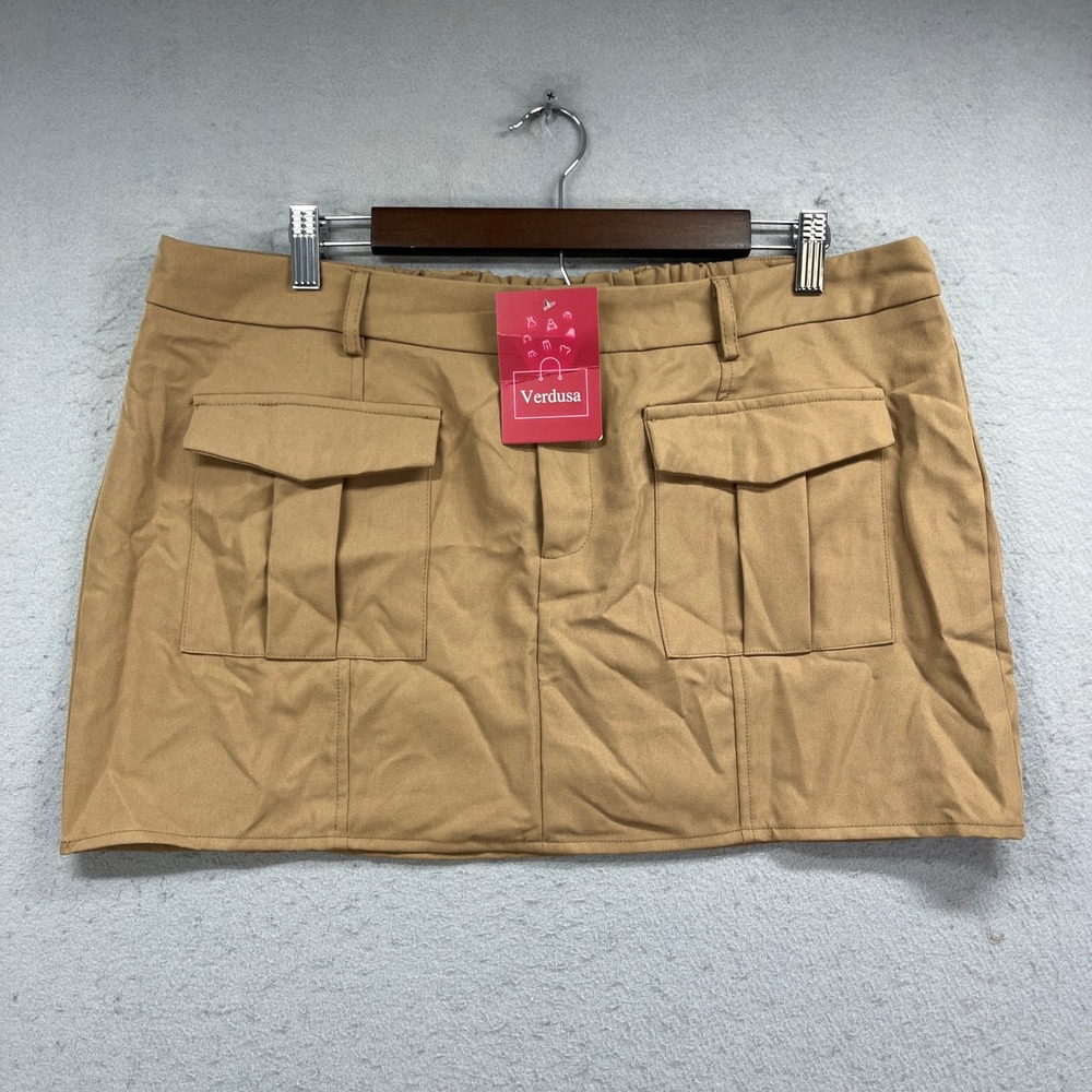 Verdusa Cargo Mini Skirt Womens XL Tan Utility Flap Pockets Gorpcore Streetwear